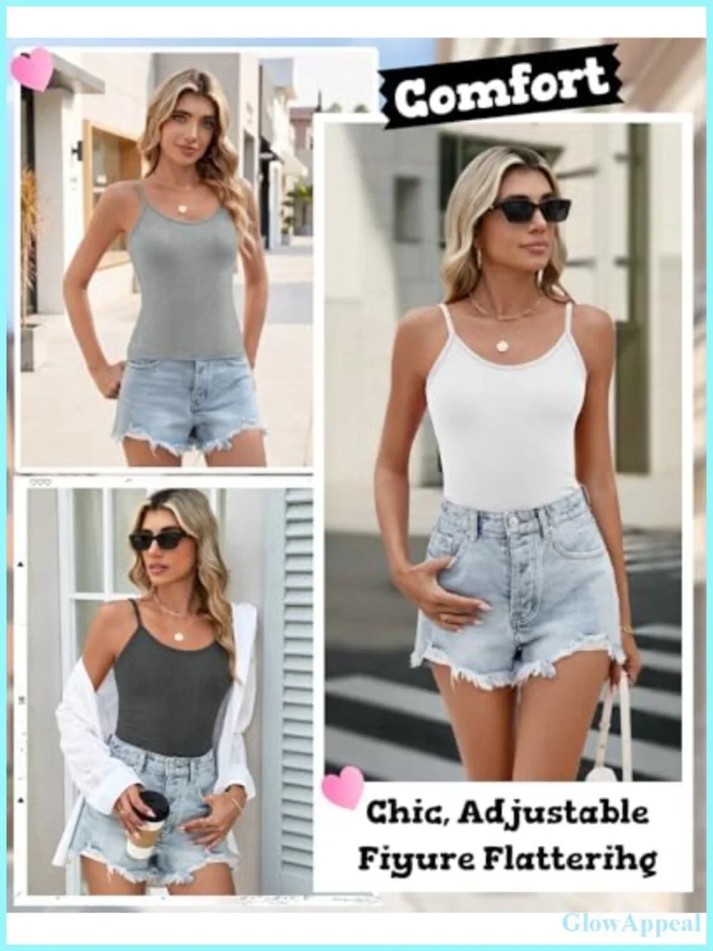 4 Pack Women's Crop Tank Tops Adjustable Spaghetti Strap Scoop Neck Sleeveless